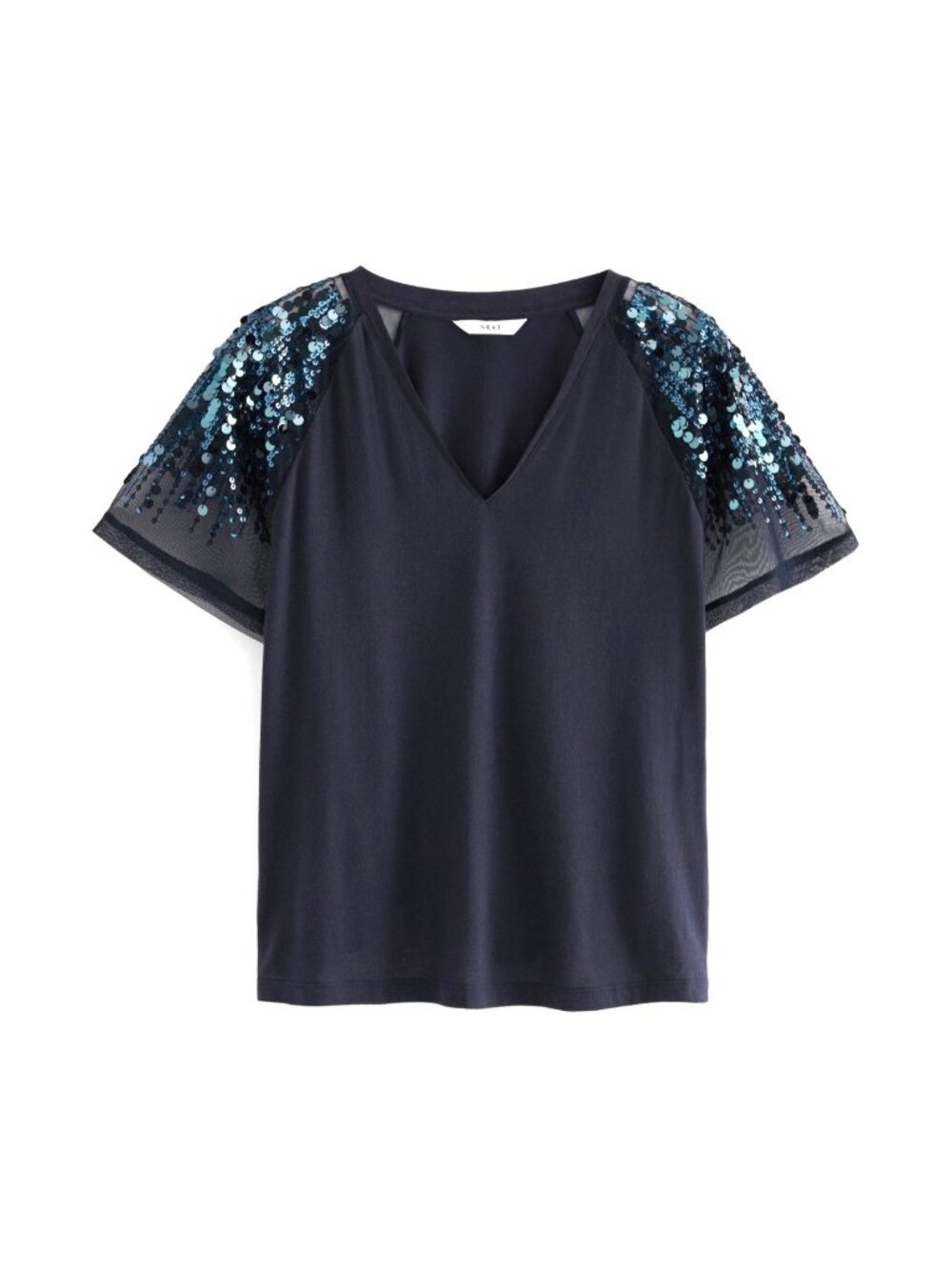 Remi James Navy Blue V-Neck Short Sleeve Sequins Top Shirt Blouse Size S Evening